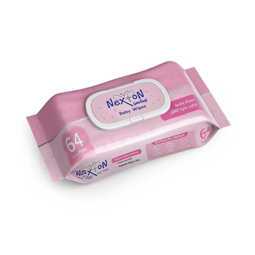 Pink package of Nexin baby wipes on a white background