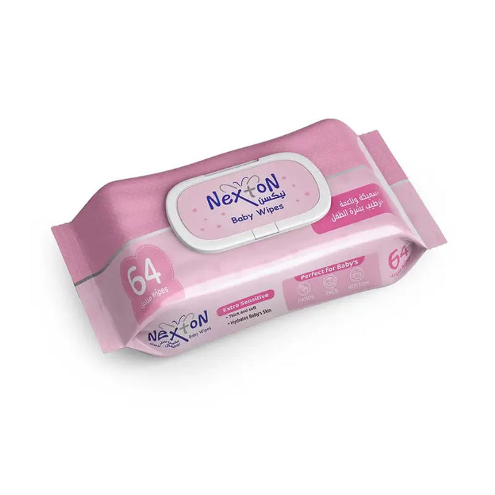 Pink package of Nexin baby wipes on a white background