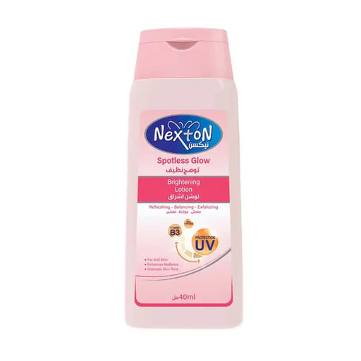 Pink bottle of Nexton Spotless Glow lotion on a white background