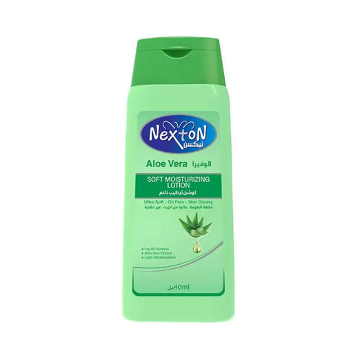 Green bottle of Nexton Aloe Vera lotion on a white background