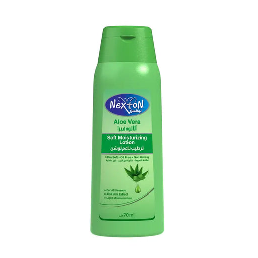 Green bottle of Nex-ton Aloe Vera lotion on a white background