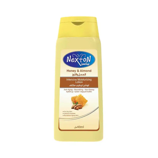 Nexton Honey & Almond moisturizer bottle on a white background