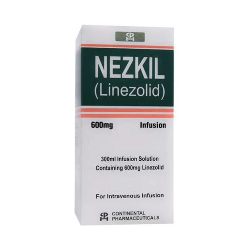 Nezkil Linezolid medication box with green and white design on a white background