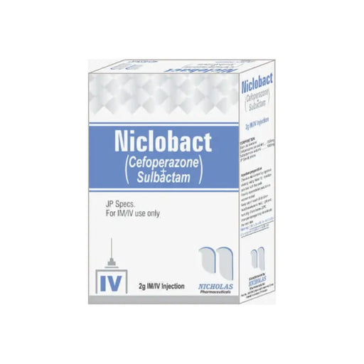 Niclobact medication box with blue and white design on a white background