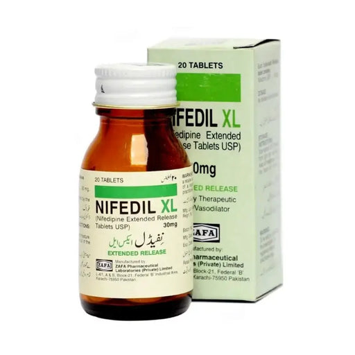 Nifedipil XL bottle and packaging on a white background