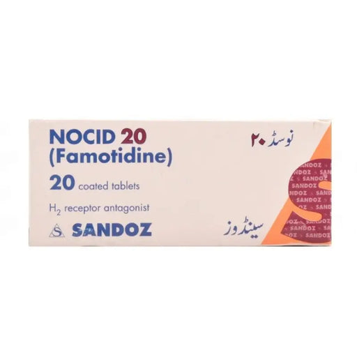 Box of NOCID 20 (Famotidine) coated tablets by Sandoz on a white background