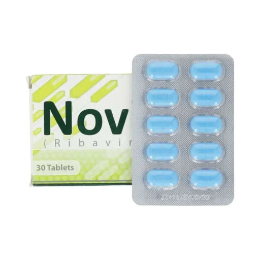 Packaging of Nov (Ribavirin) tablets with a box labeled 'Nov' on a white background.
