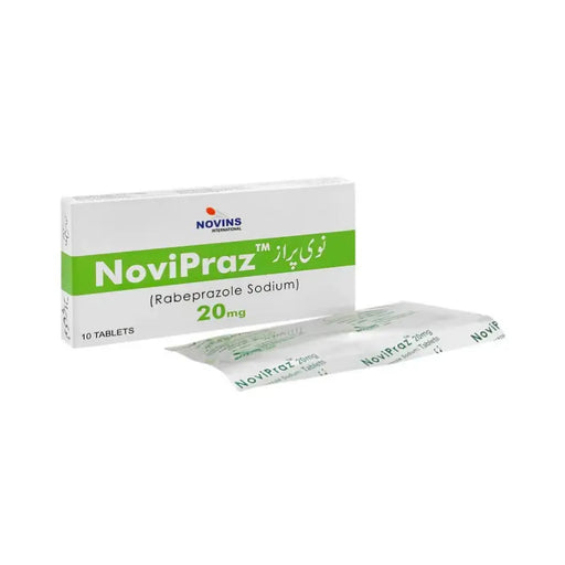 A box of Novipraz 20 mg tablets with 10 tablets visible in a blister pack.

