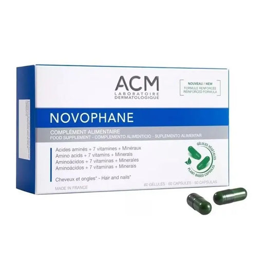 Box of ACM Novophane supplement with two capsules on a white background