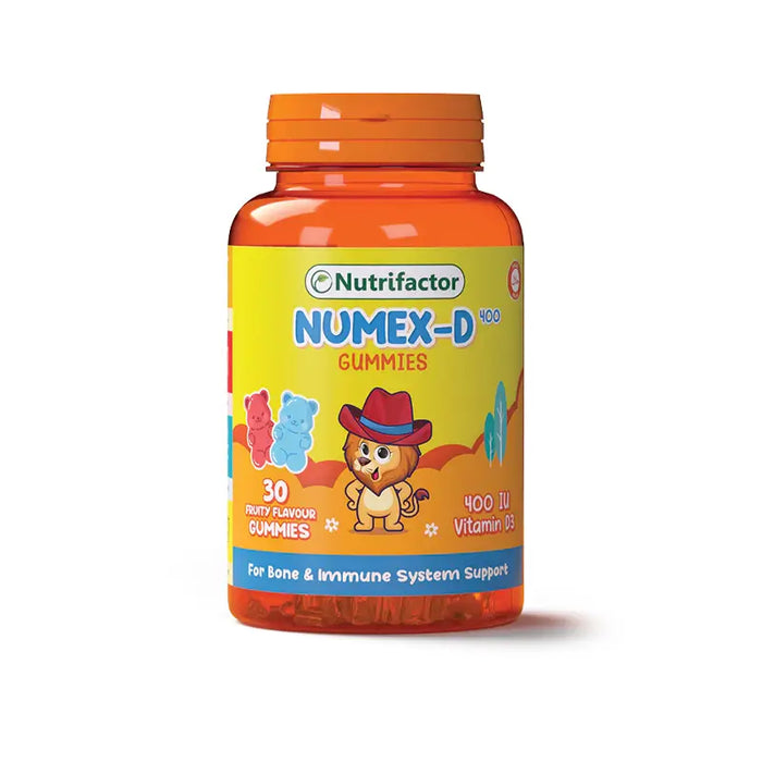 A bottle of Nutrifactor NUMEX-D 400 Gummies, with a colorful label showing the product name and a cartoon bear.