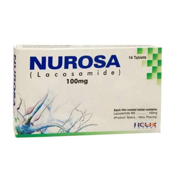 Box of NUROSA Lacosamide 100mg tablets with Helix Pharma branding on a white background