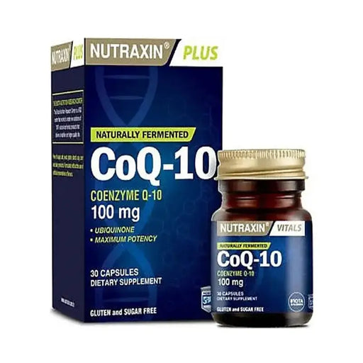 Nutraxin CoQ-10 supplement bottle and packaging on a white background