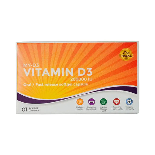 Box of Vitamin D3 capsules with colorful design on a white background