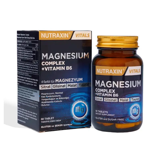 Nutraxin Magnesium Complex + Vitamin B6 supplement bottle and packaging on a white background