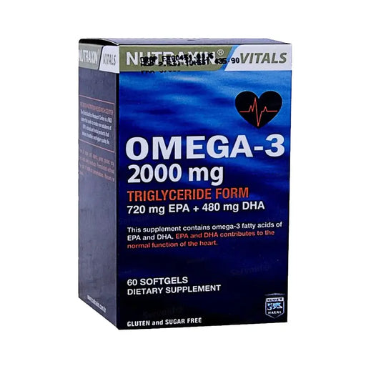 Supplement box for Omega-3 2000 mg with blue and white design