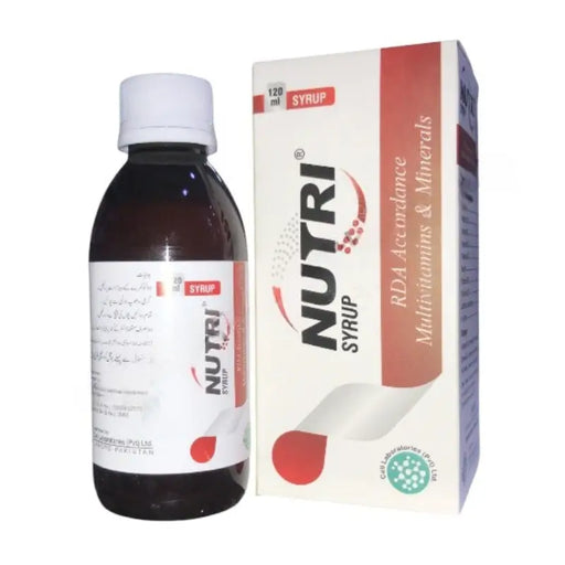 Nutri syrup bottle and packaging on a white background