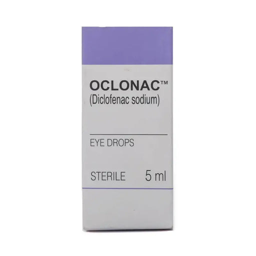 Oclonac eye drops packaging with purple and white design on a white background