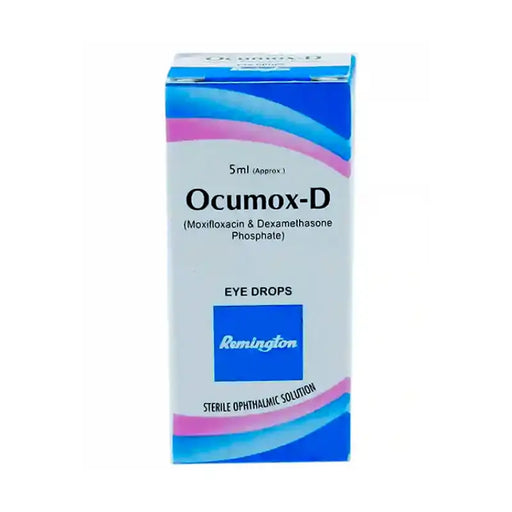 Box of Ocumox-D eye drops with Remington branding on a white background