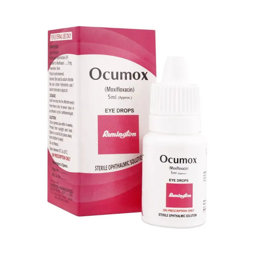 Ocumox eye drops packaging with bottle on a white background