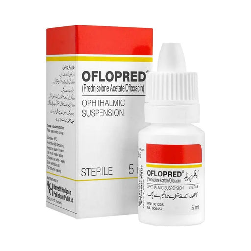 OFLOPRED ophthalmic suspension bottle and packaging on a white background