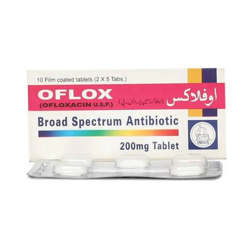 OFLOX antibiotic packaging with white tablets on a white background