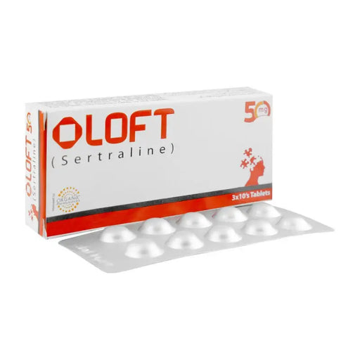 Oloft (Sertraline) packaging with tablets on a white background