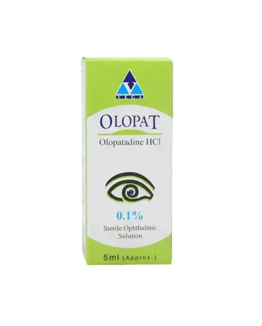 A box of OLOPAT eye drops, 5ml, for sterile ophthalmic use, with a dosage strength of 0.1% olopatadine HCI.