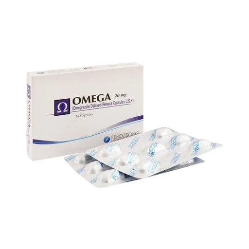 Box of Omega 20 mg capsules with blister packs on a white background
