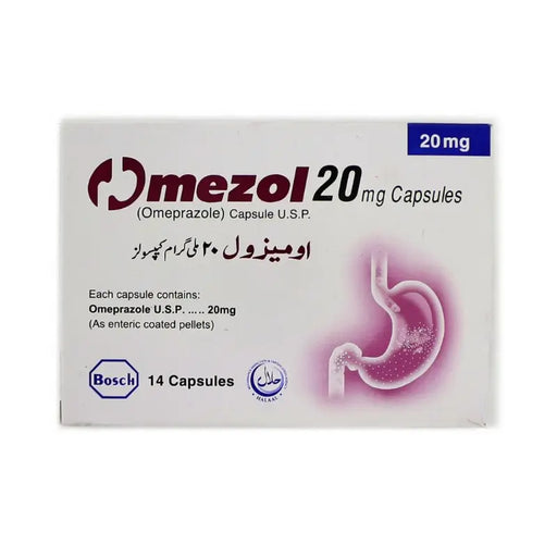 Box of Mezol 20 mg Capsules on a white background