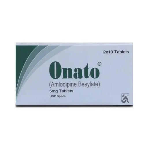 Box of Onato (Amlodipine Besylate) tablets on a white background