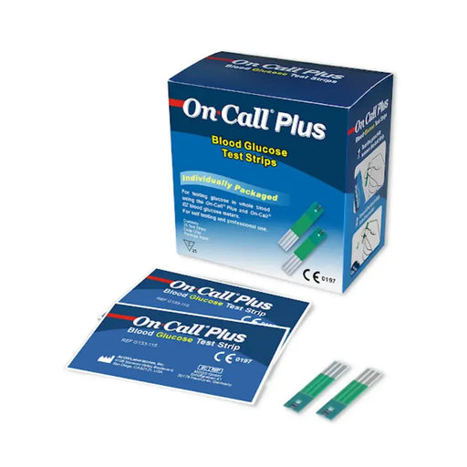 On Call Plus blood glucose test strips packaging on a white background