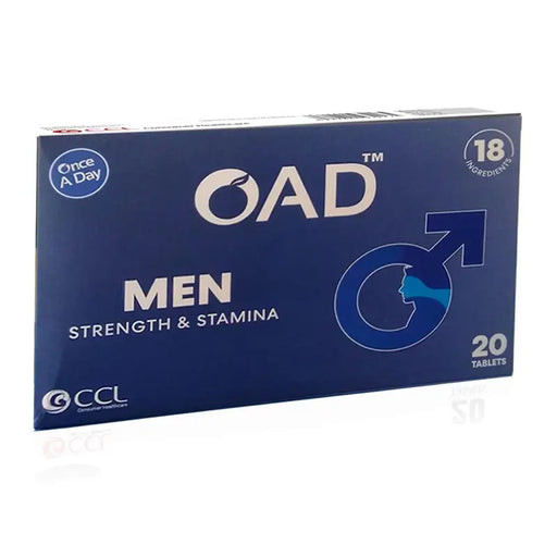 Blue box of OAD Men's strength and stamina supplement on a white background