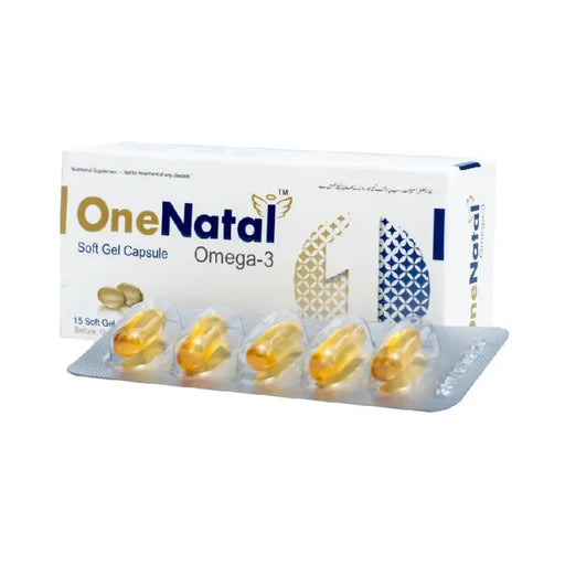 Box of OneNatal Omega-3 soft gel capsules on a white background
