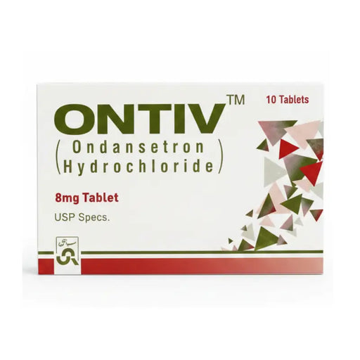 Box of ONTIV Ondansetron Hydrochloride tablets on a white background