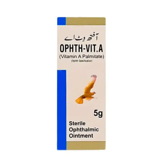 Ophthalmic ointment packaging labeled 'OPTH-VIT.A' on a white background