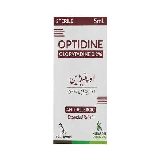 A pack of OPTIDINE 0.2% eye drops in a 5ml sterile container, marketed for anti-allergic extended relief, produced by Hudson Pharma.