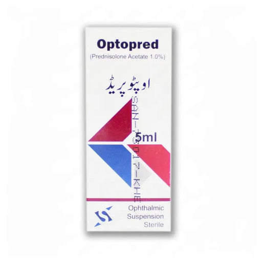 Optopred ophthalmic suspension packaging with geometric design on a white background