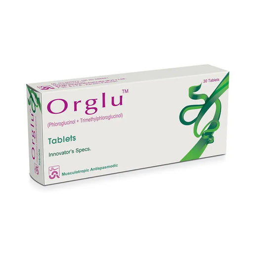 Box of Orglu tablets with green and purple design on a white background