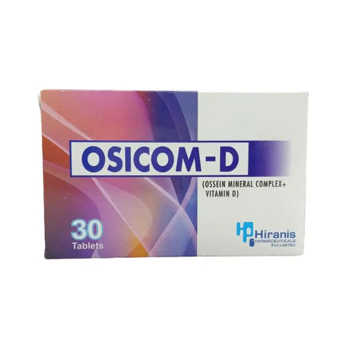 OSICOM-D tablet packaging with Hiranis Pharmaceuticals logo on a white background