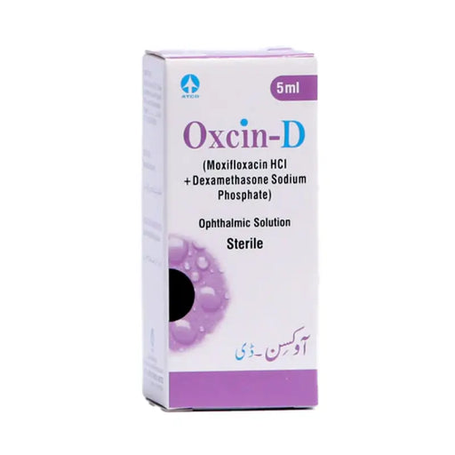Oxcin-D ophthalmic solution packaging on a white background