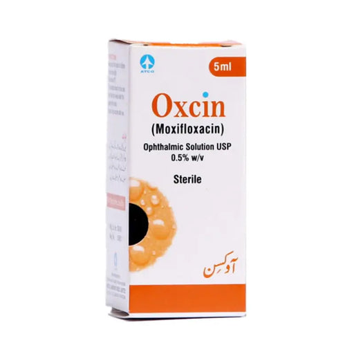 Oxcin Moxifloxacin ophthalmic solution packaging on a white background