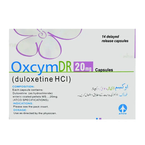 OxcymDR 20mg capsules packaging with medical text and branding