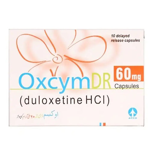 Box of OxcymDR 60mg capsules with a butterfly design on a white background