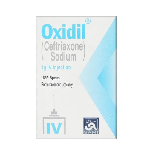 Box of Oxidil Ceftriaxone Sodium IV Injection with blue and white design