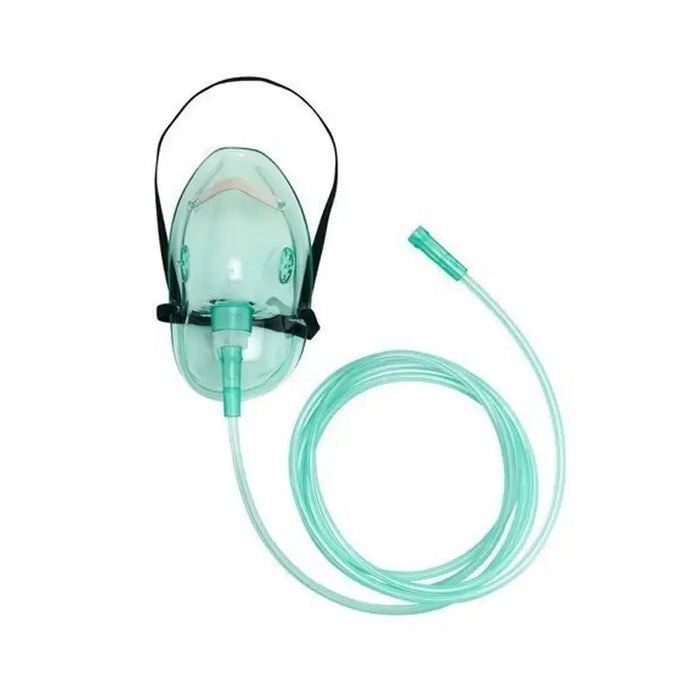 Green oxygen mask with tubing on a white background