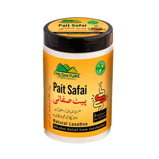 Jar of Pait Safai natural laxative with Chilthan Pure branding on a white background