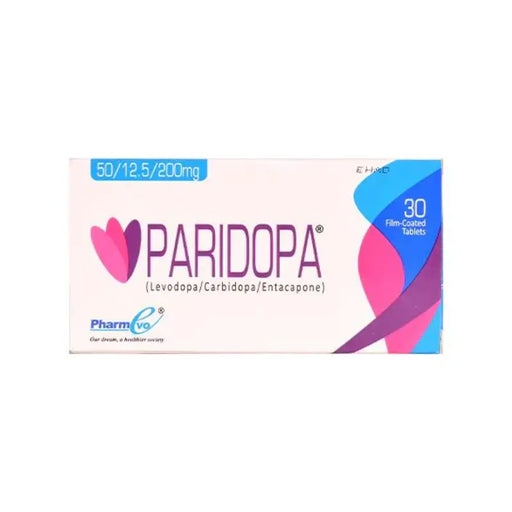 Box of Paridopa tablets with colorful design on a white background