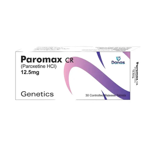 Box of Paromax CR (Paroxetine HCI) 12.5mg with Danas logo on a white background