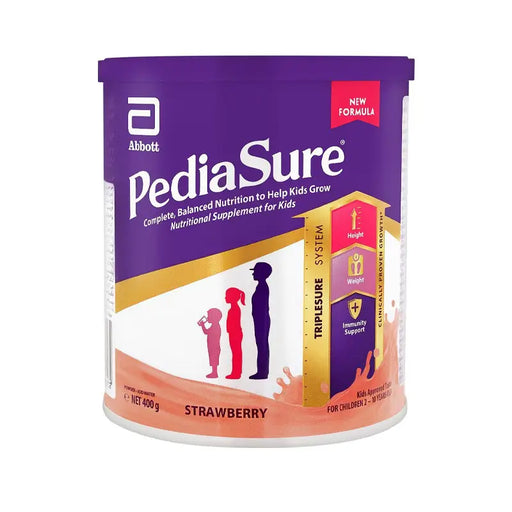 PediaSure nutritional supplement for kids in strawberry flavor with Abbott branding on a white background