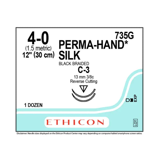 Ethicon Perma-Hand Silk suture package with specifications on a white background